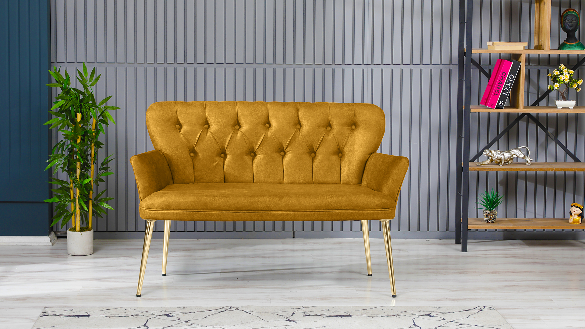 Paris Kollu Takım Nubuk Kumaş Ahşap Siyah Ayak Sarı