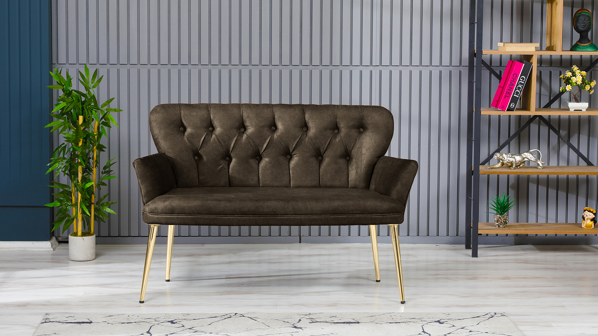 Paris Kollu Takım Nubuk Kumaş Ahşap Siyah Ayak Kahve