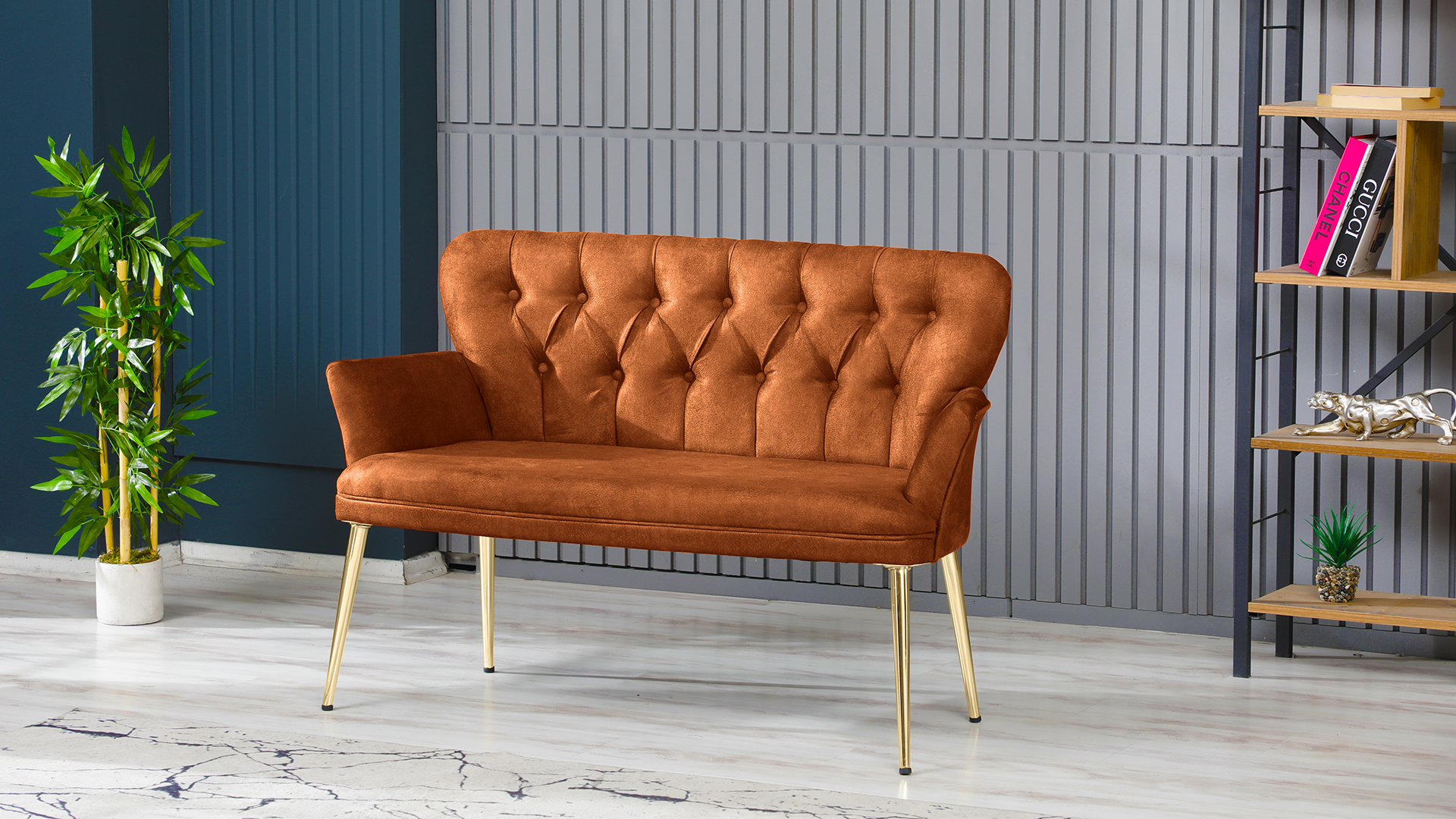 Paris Kollu Takım Nubuk Kumaş Ahşap Siyah Ayak Kiremit