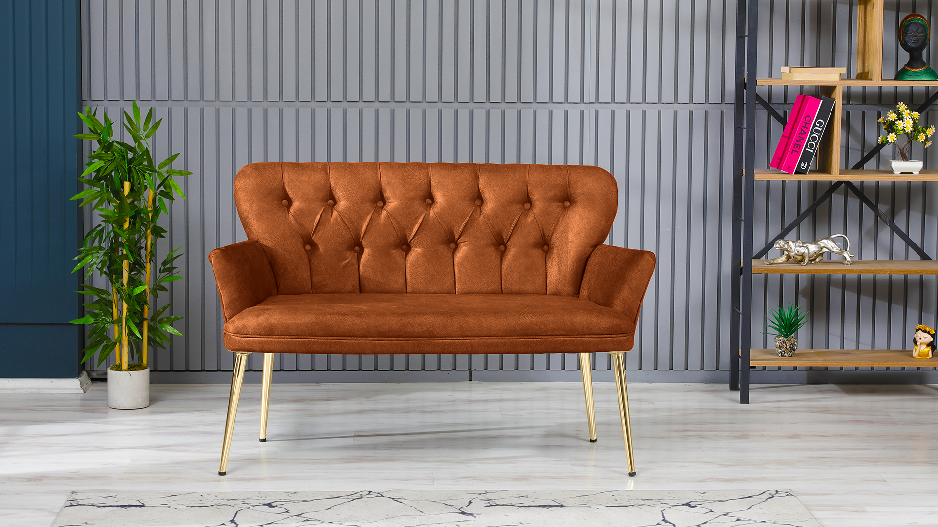 Paris Kollu Takım Nubuk Kumaş Ahşap Siyah Ayak Kiremit