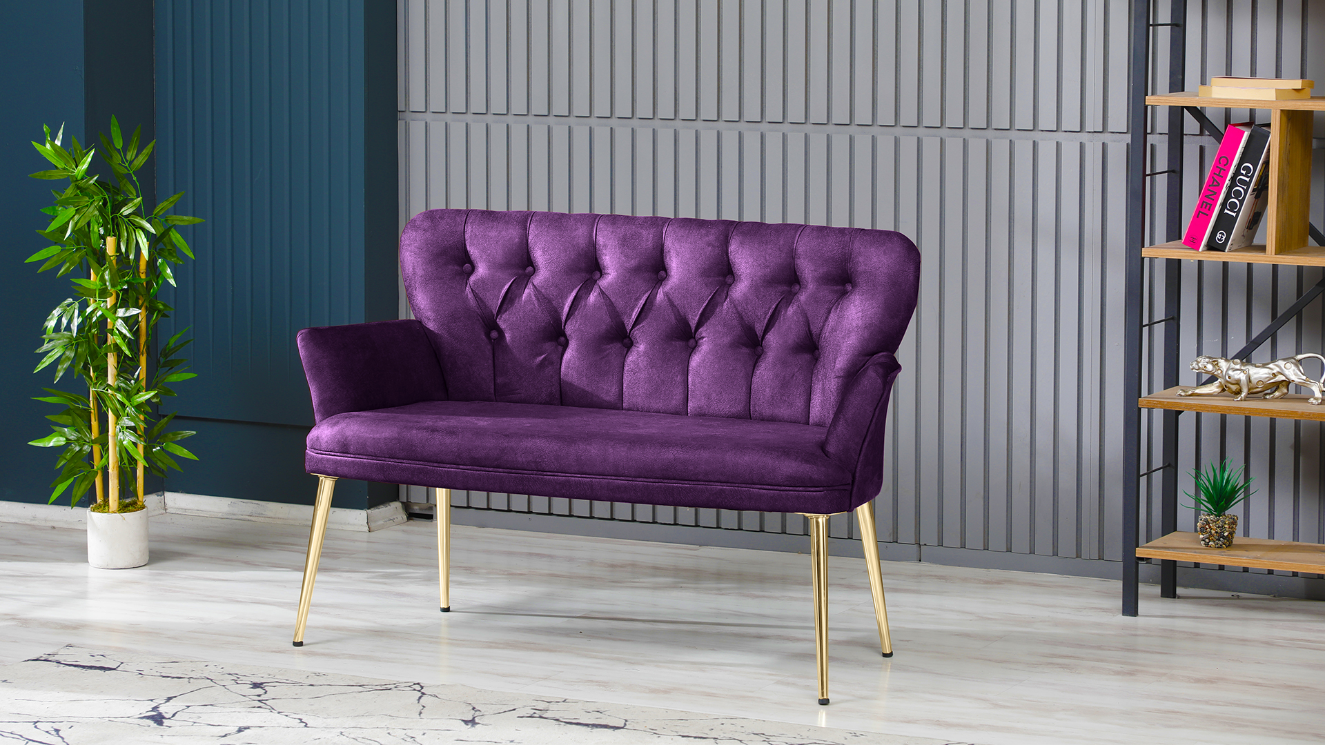 Paris Kollu Takım Nubuk Kumaş Ahşap Siyah Ayak Mürdüm