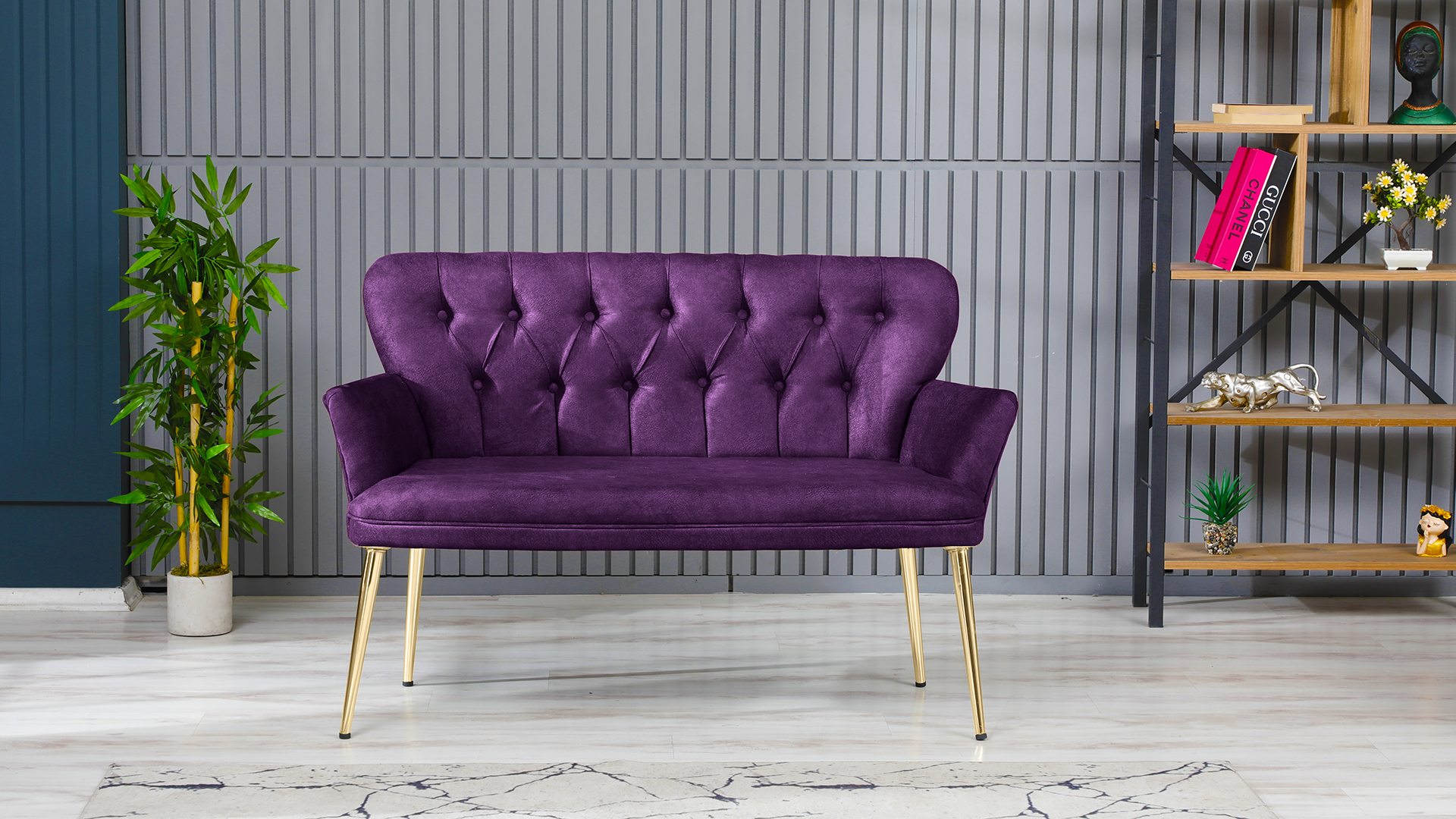 Paris Kollu Takım Nubuk Kumaş Ahşap Siyah Ayak Mürdüm