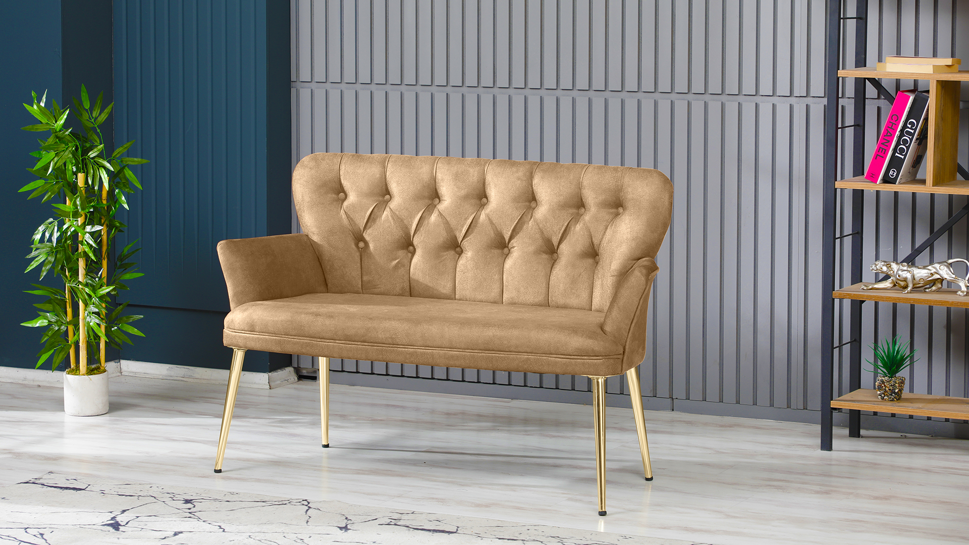 Paris Kollu Takım Nubuk Kumaş Ahşap Siyah Ayak Sütlü Kahve