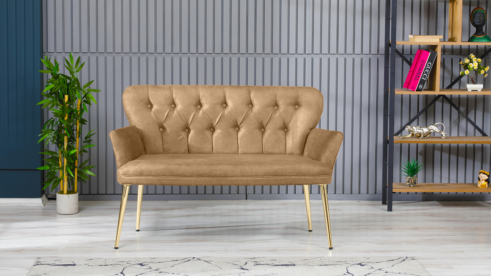 Paris Kollu Takım Nubuk Kumaş Ahşap Siyah Ayak Sütlü Kahve