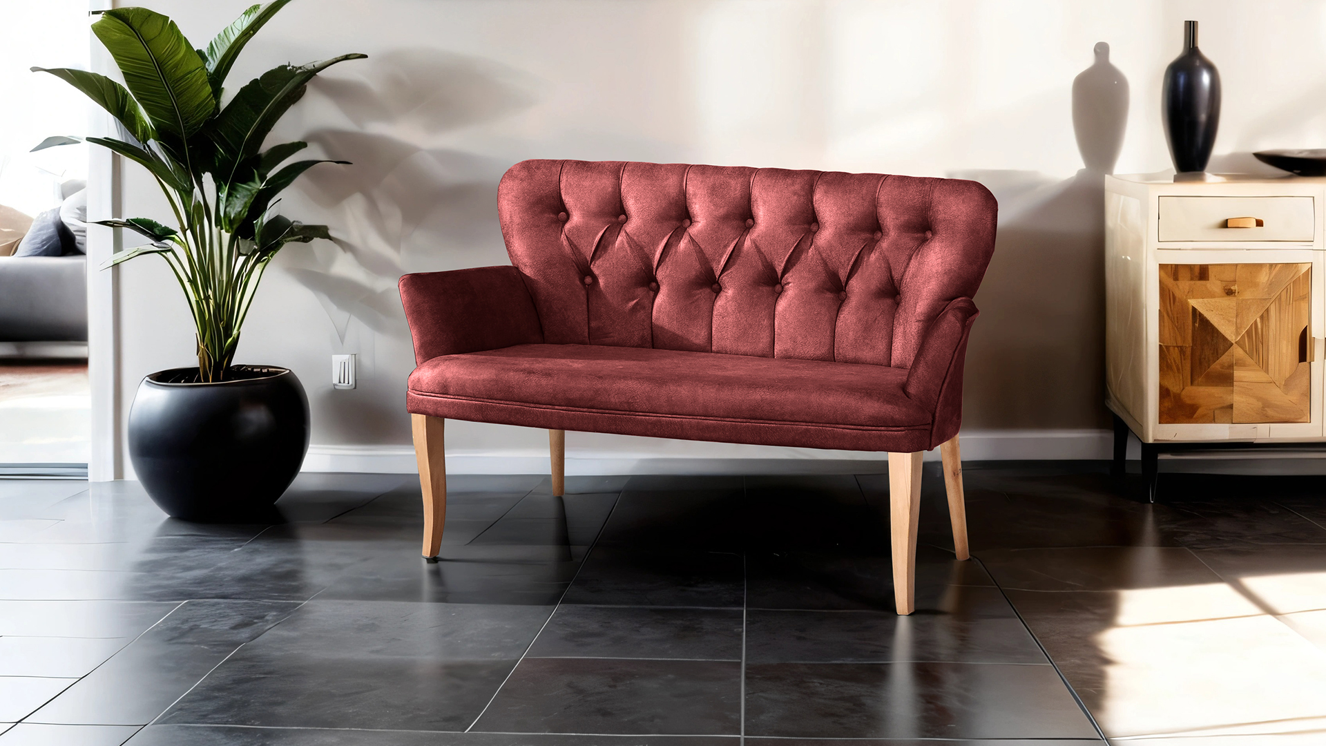 Paris Kollu İkili Koltuk Nubuk Kumaş Ahşap Siyah Ayak Bordo