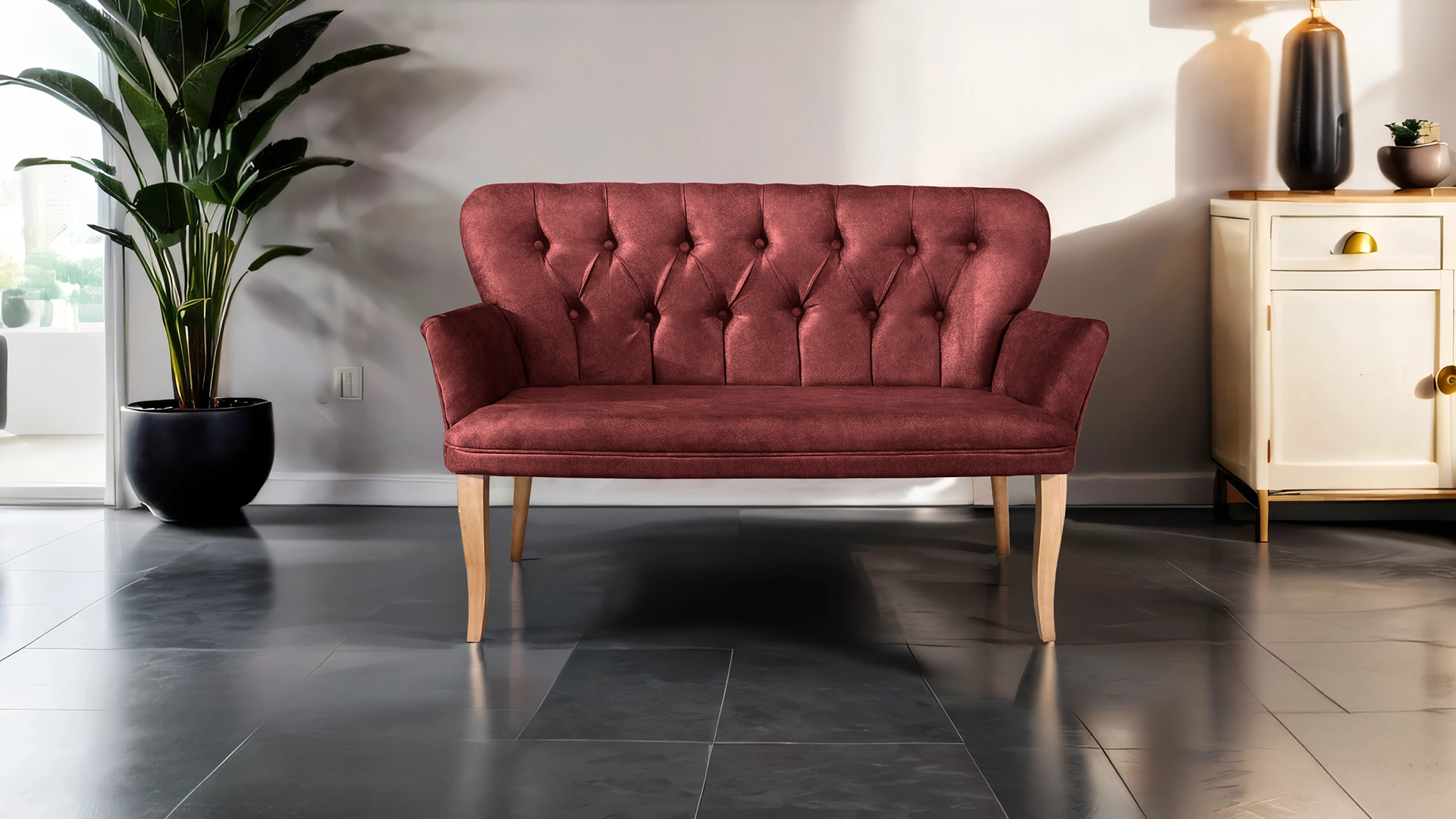 Paris Kollu İkili Koltuk Nubuk Kumaş Ahşap Siyah Ayak Bordo