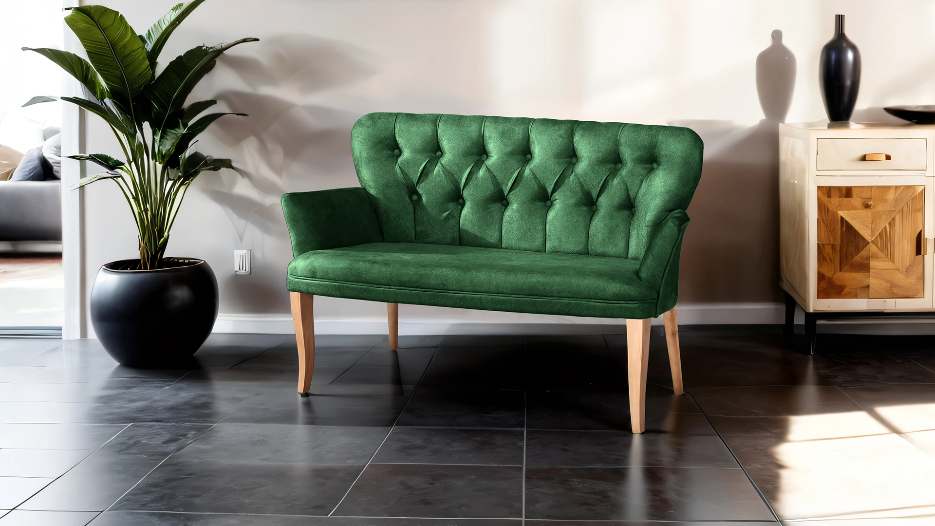 Paris Kollu İkili Koltuk Nubuk Kumaş Ahşap Siyah Ayak Yeşil