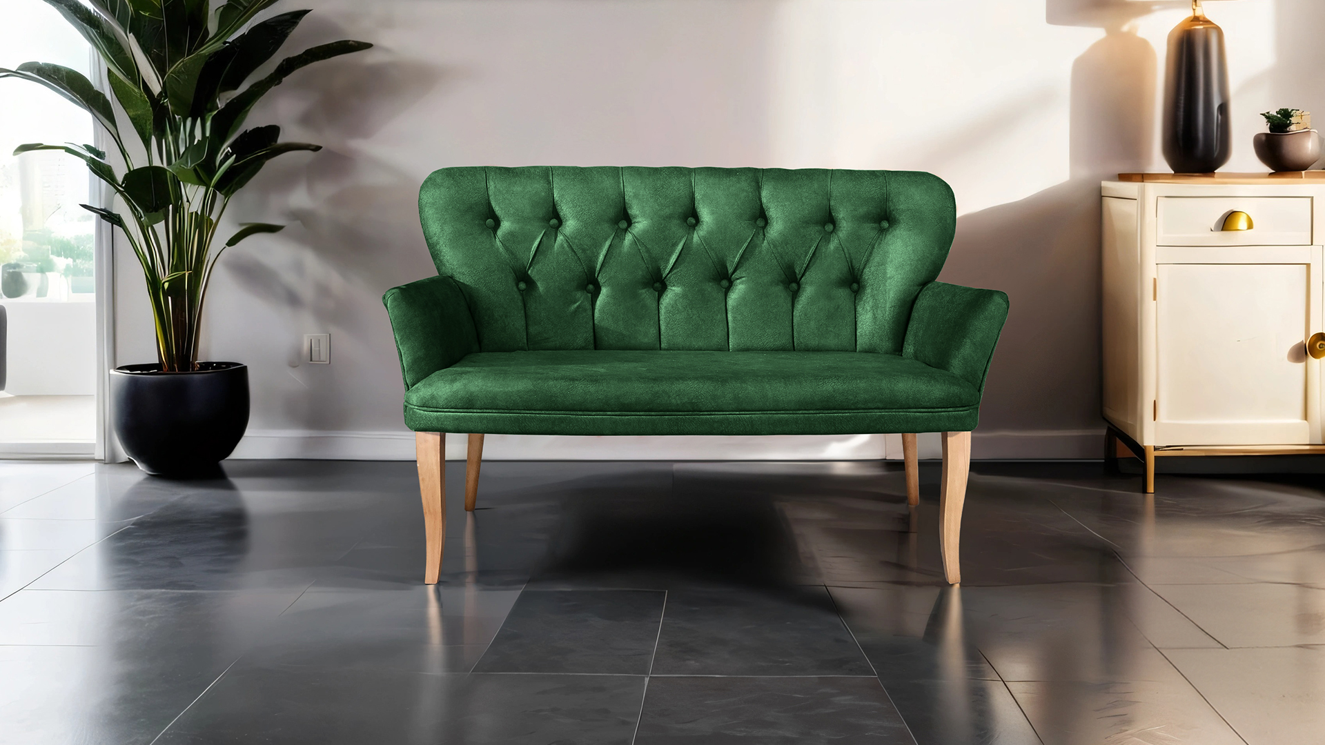 Paris Kollu İkili Koltuk Nubuk Kumaş Ahşap Siyah Ayak Yeşil