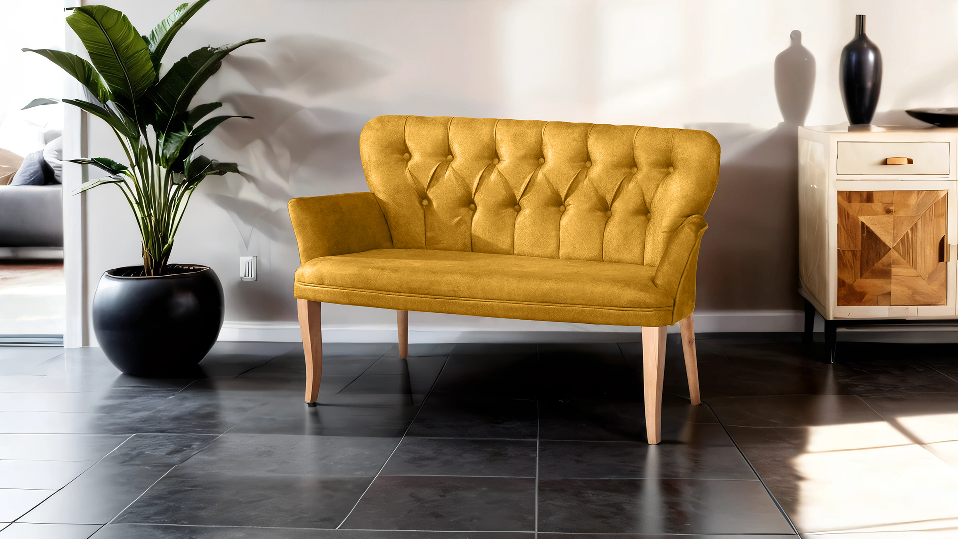 Paris Kollu Takım Nubuk Kumaş Ahşap Ceviz Ayak Sarı