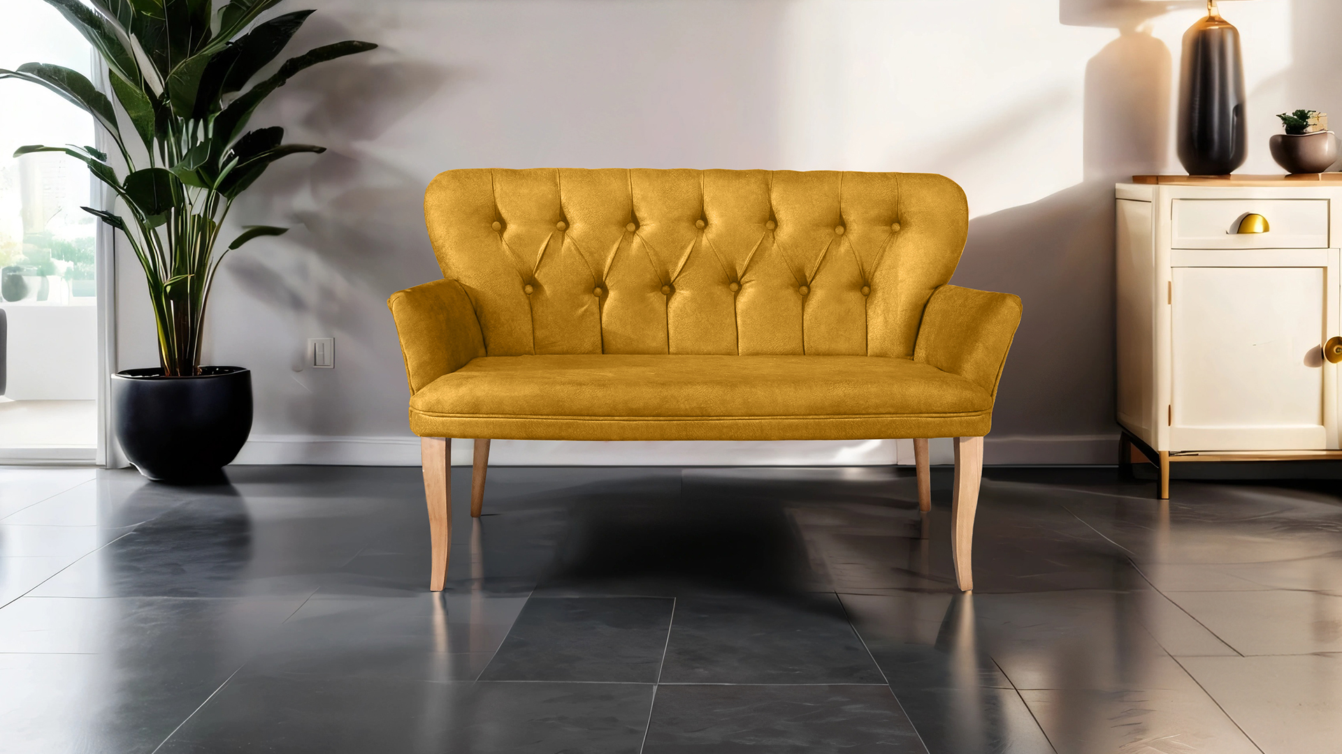 Paris Kollu Takım Nubuk Kumaş Ahşap Ceviz Ayak Sarı