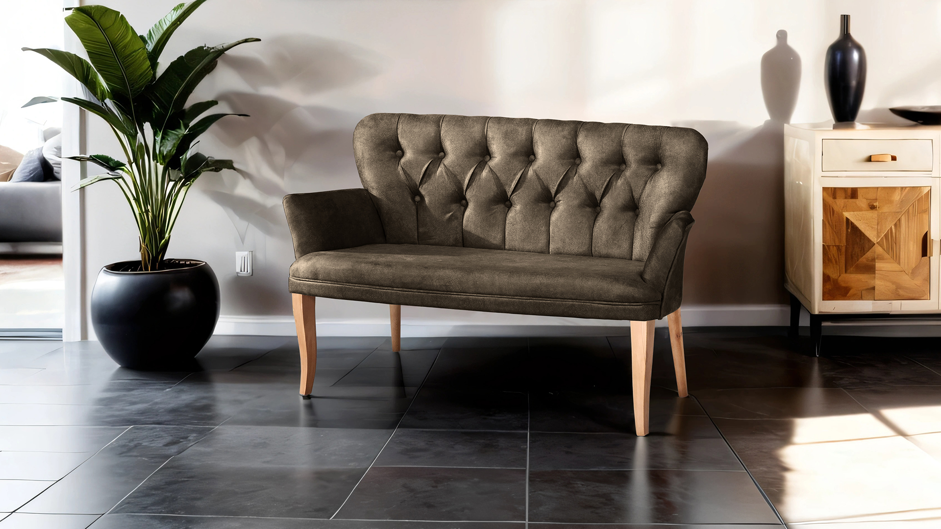 Paris Kollu İkili Koltuk Nubuk Kumaş Ahşap Siyah Ayak Kahve