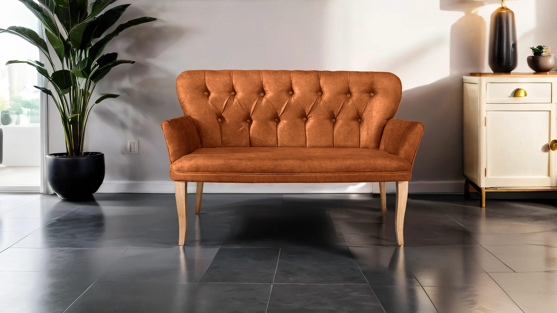 Paris Kollu İkili Koltuk Nubuk Kumaş Ahşap Siyah Ayak Kiremit