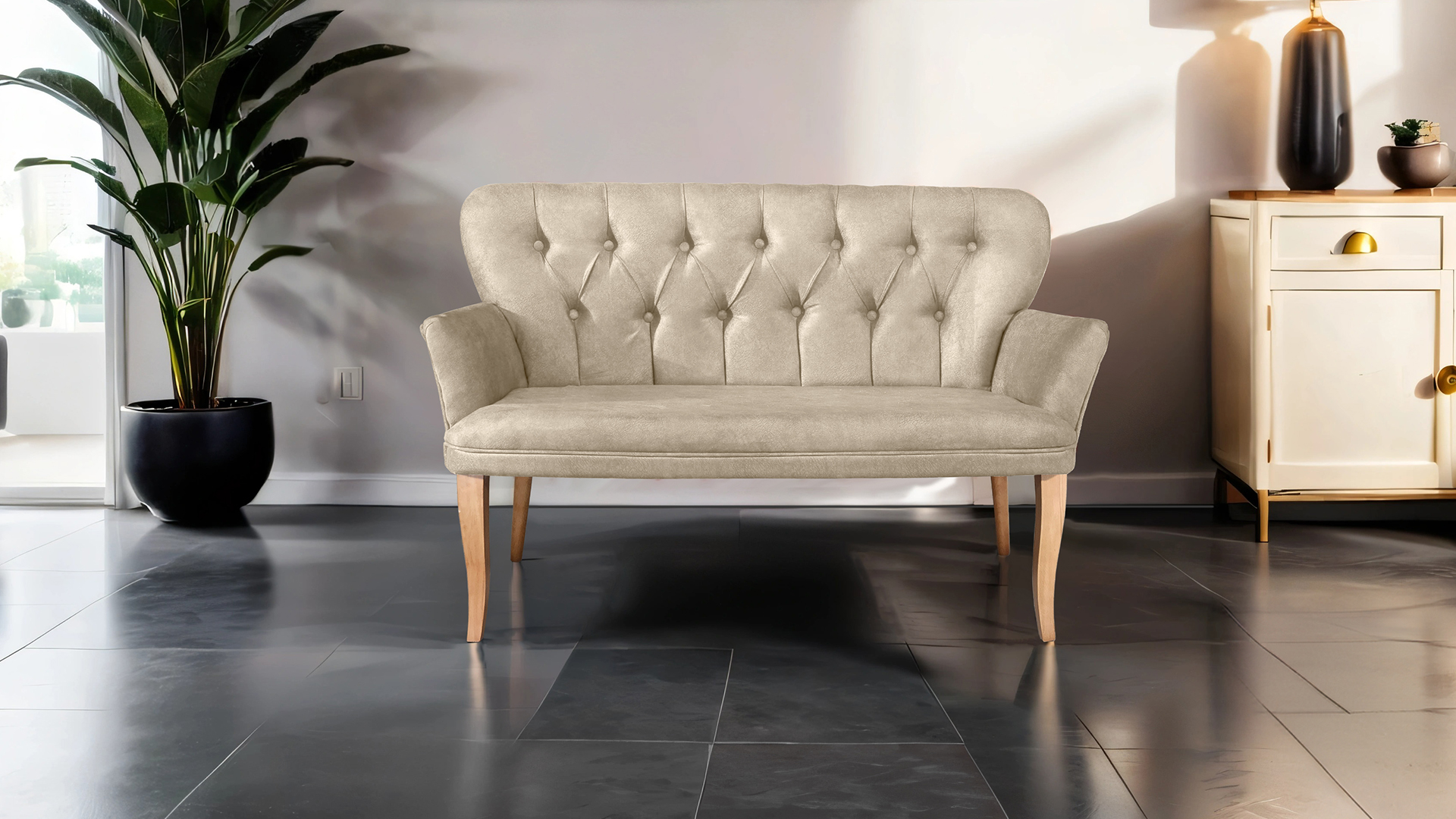 Paris Kollu İkili Koltuk Nubuk Kumaş Ahşap Siyah Ayak Krem