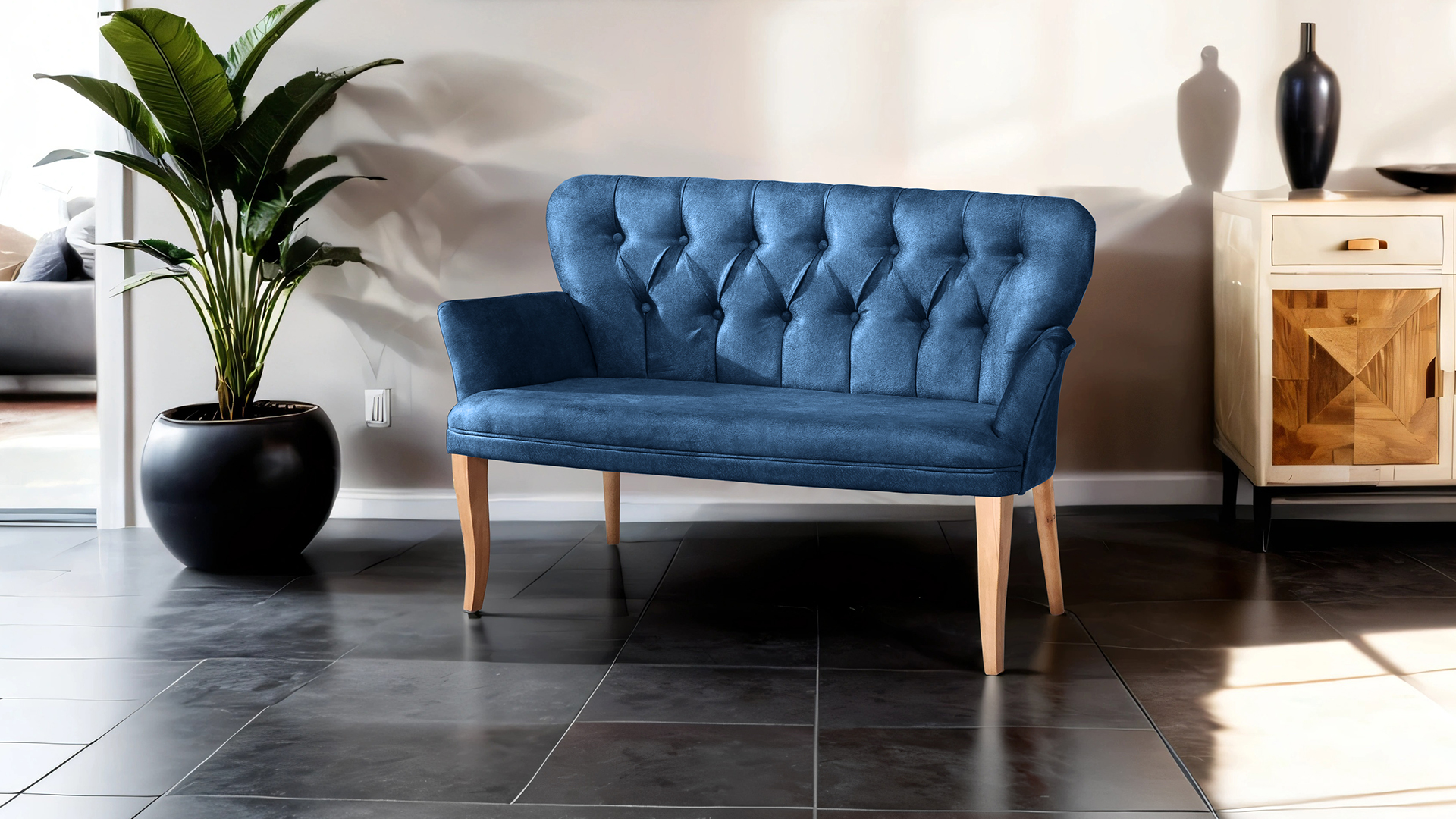 Paris Kollu İkili Koltuk Nubuk Kumaş Ahşap Siyah Ayak Füme Lacivert