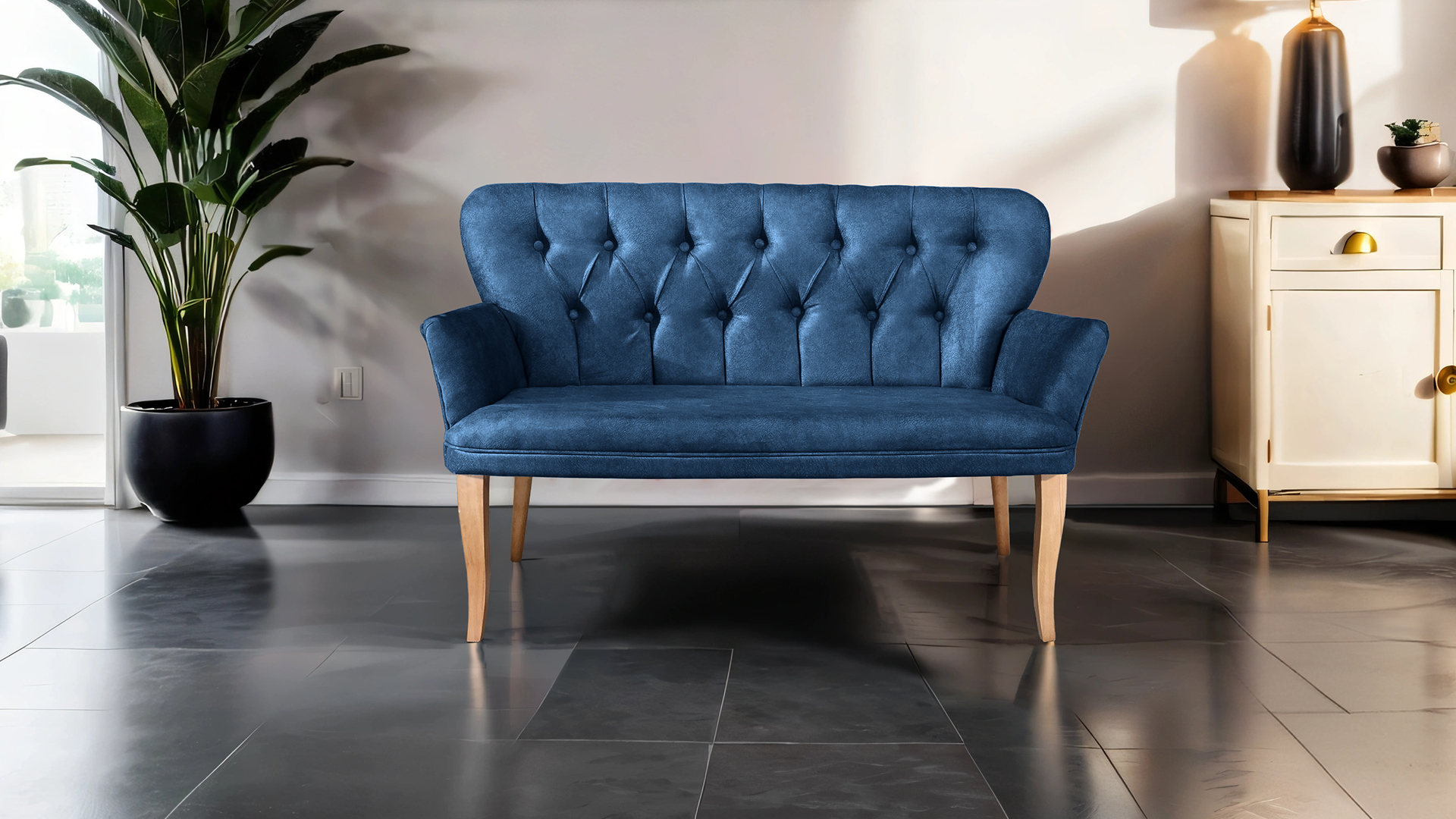 Paris Kollu İkili Koltuk Nubuk Kumaş Ahşap Siyah Ayak Füme Lacivert