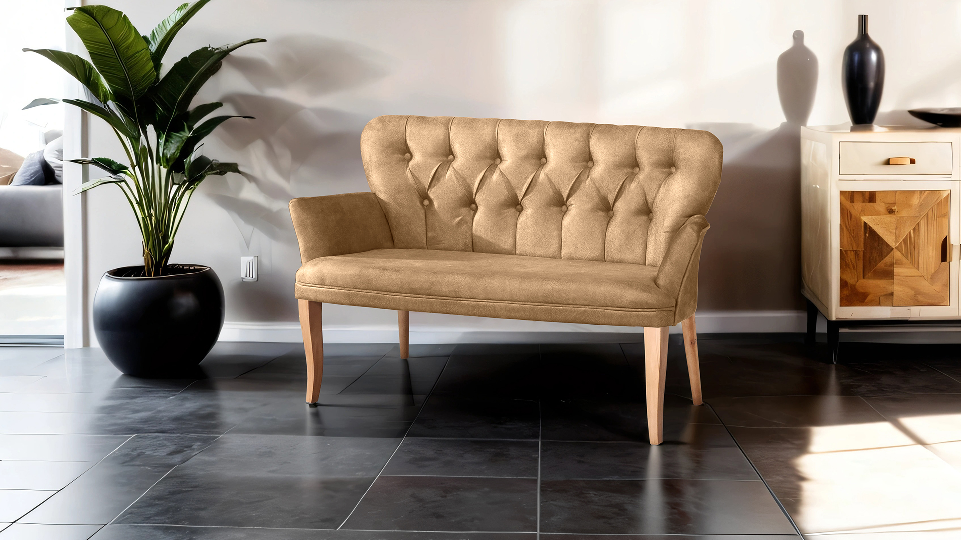 Paris Kollu Takım Nubuk Kumaş Ahşap Ceviz Ayak Sütlü Kahve