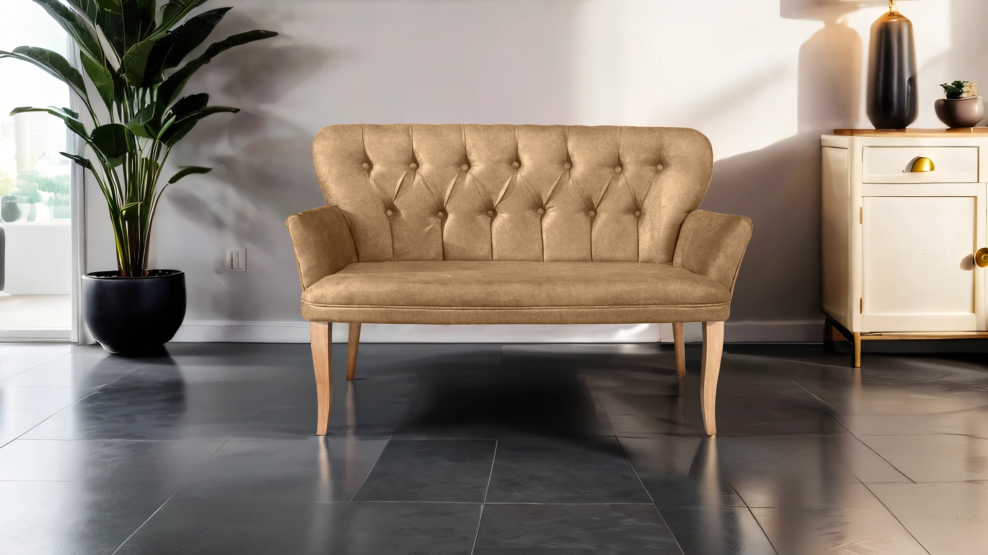 Paris Kollu Takım Nubuk Kumaş Ahşap Ceviz Ayak Sütlü Kahve