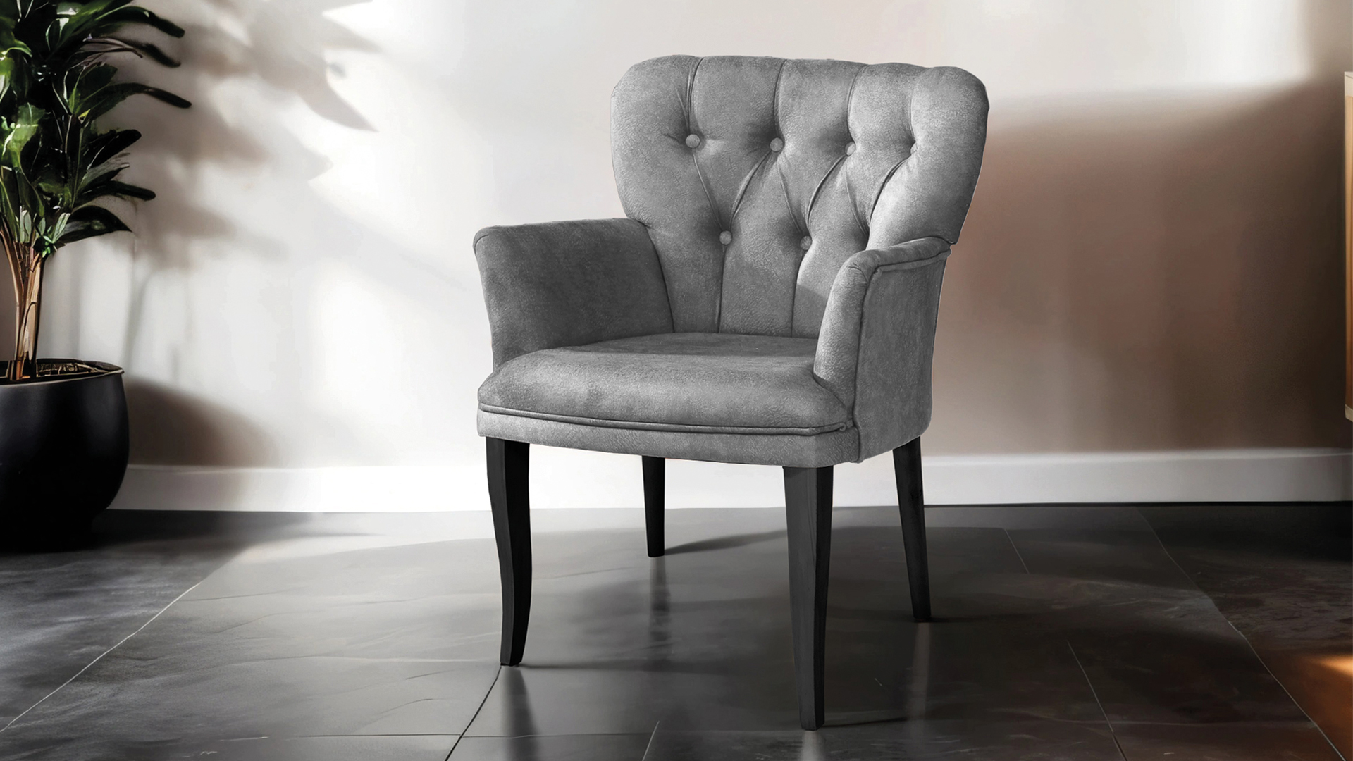 Paris Kollu Takım Nubuk Kumaş Ahşap Siyah Ayak Gri