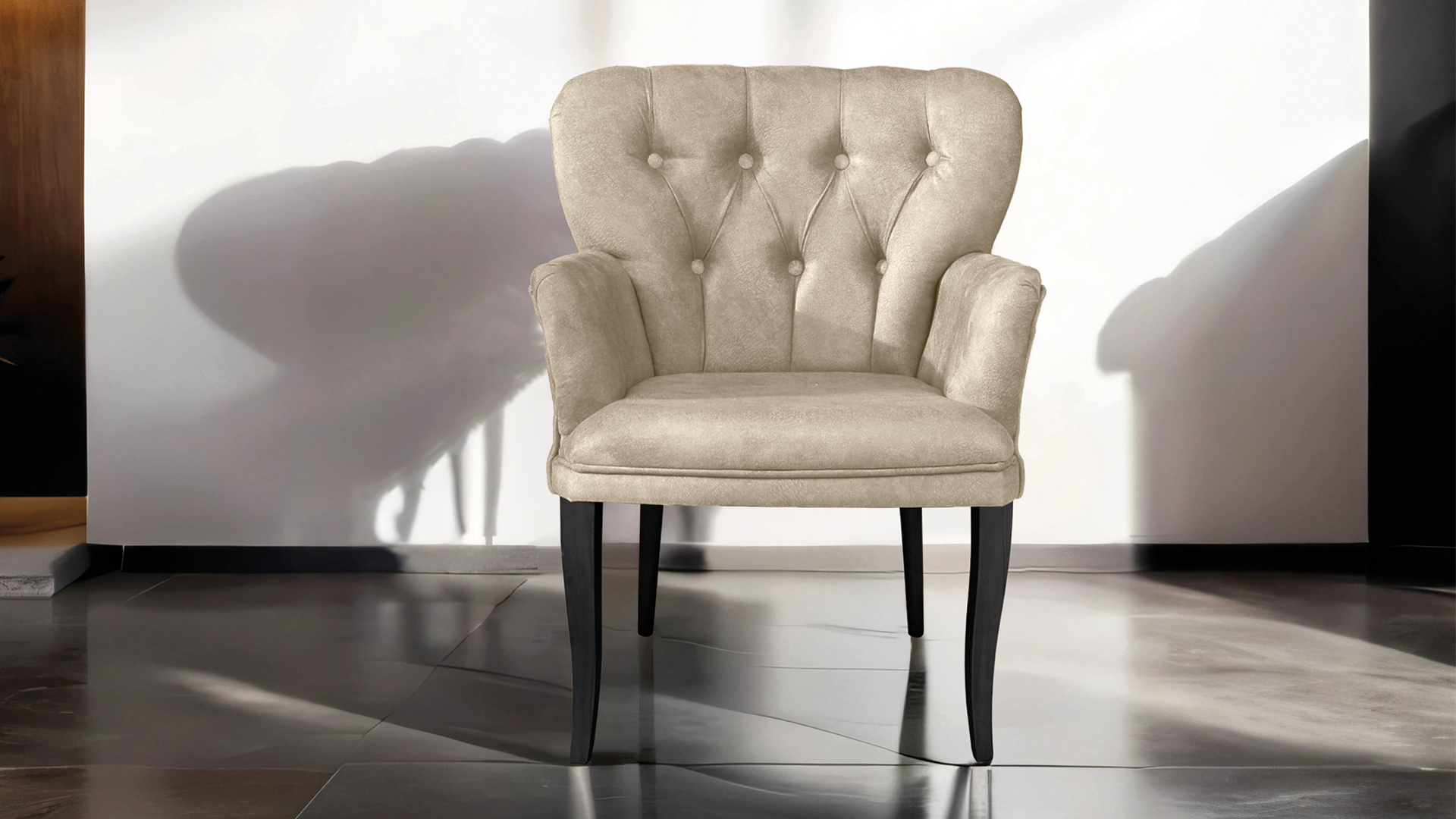 Paris Kollu Takım Nubuk Kumaş Ahşap Siyah Ayak Krem