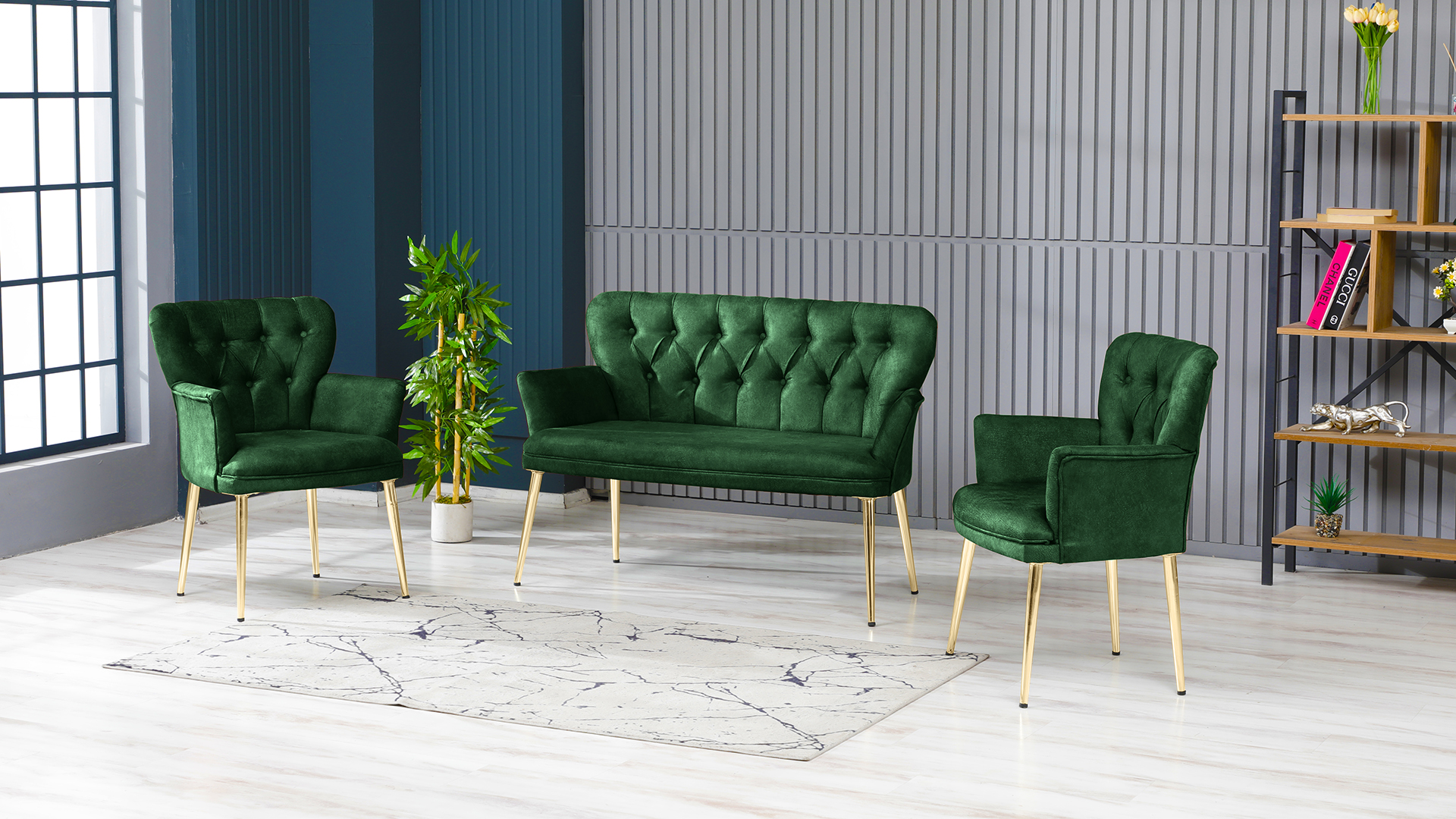 Paris Kollu Takım Nubuk Kumaş Ahşap Siyah Ayak Yeşil