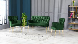 Paris Kollu Takım Nubuk Kumaş Ahşap Siyah Ayak Yeşil