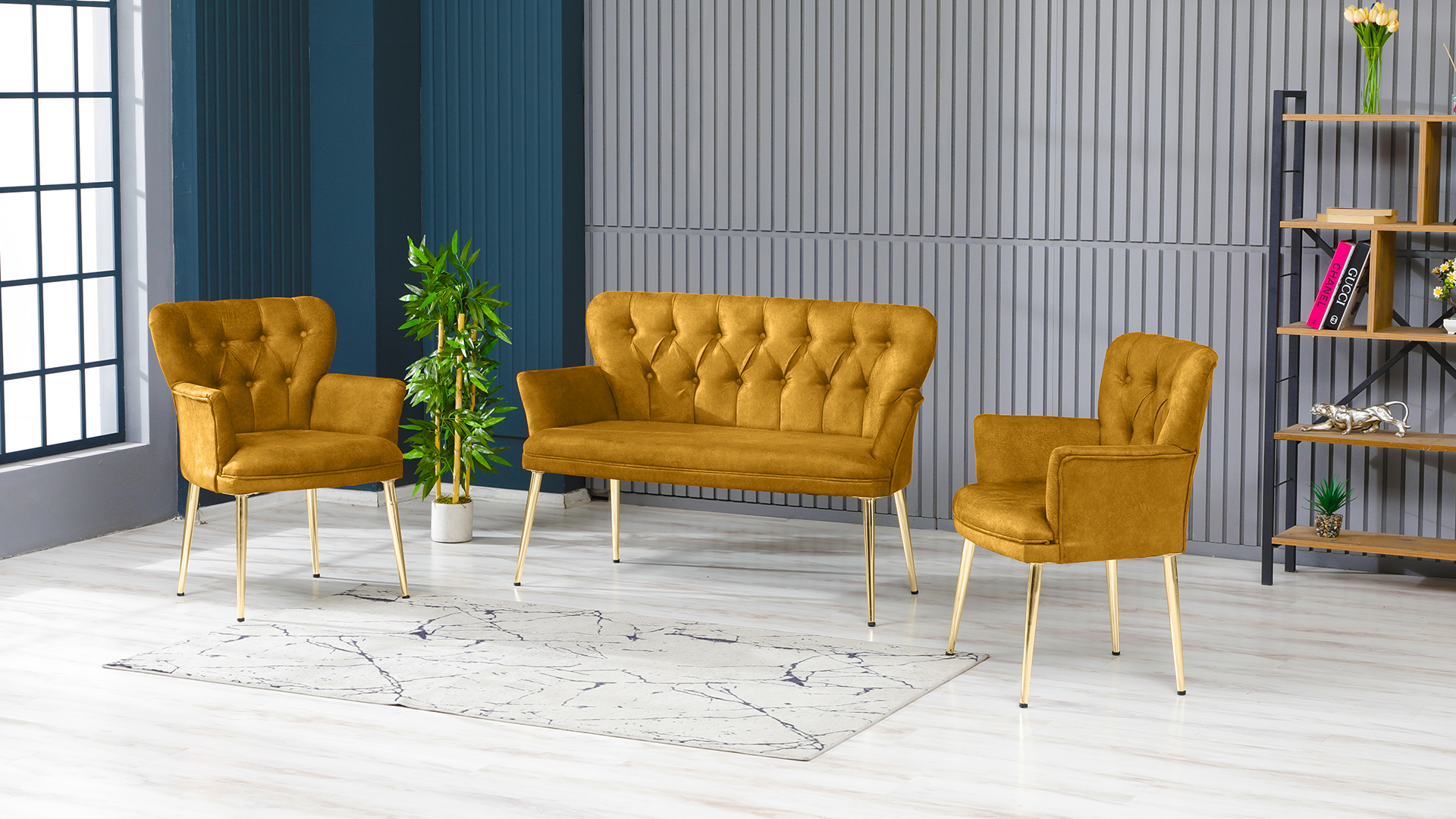 Paris Kollu Takım Nubuk Kumaş Ahşap Siyah Ayak Sarı