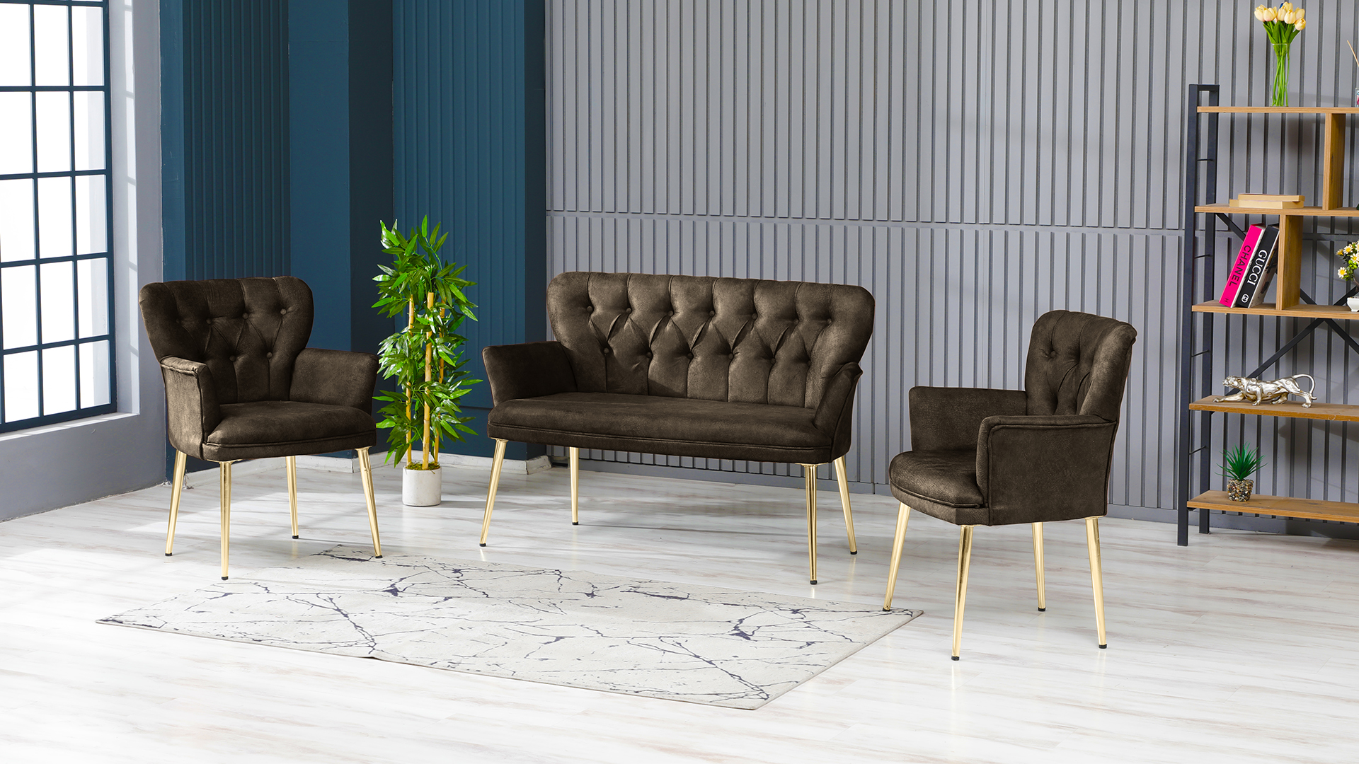 Paris Kollu Takım Nubuk Kumaş Ahşap Siyah Ayak Kahve