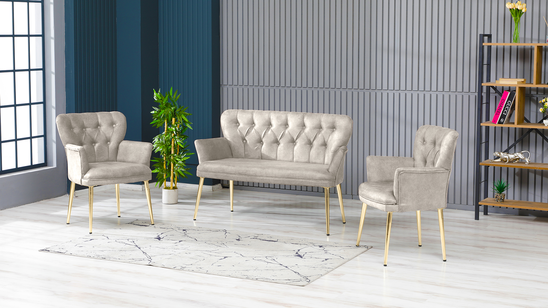 Paris Kollu Takım Nubuk Kumaş Ahşap Siyah Ayak Krem