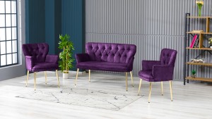 Paris Kollu Takım Nubuk Kumaş Ahşap Siyah Ayak Mürdüm