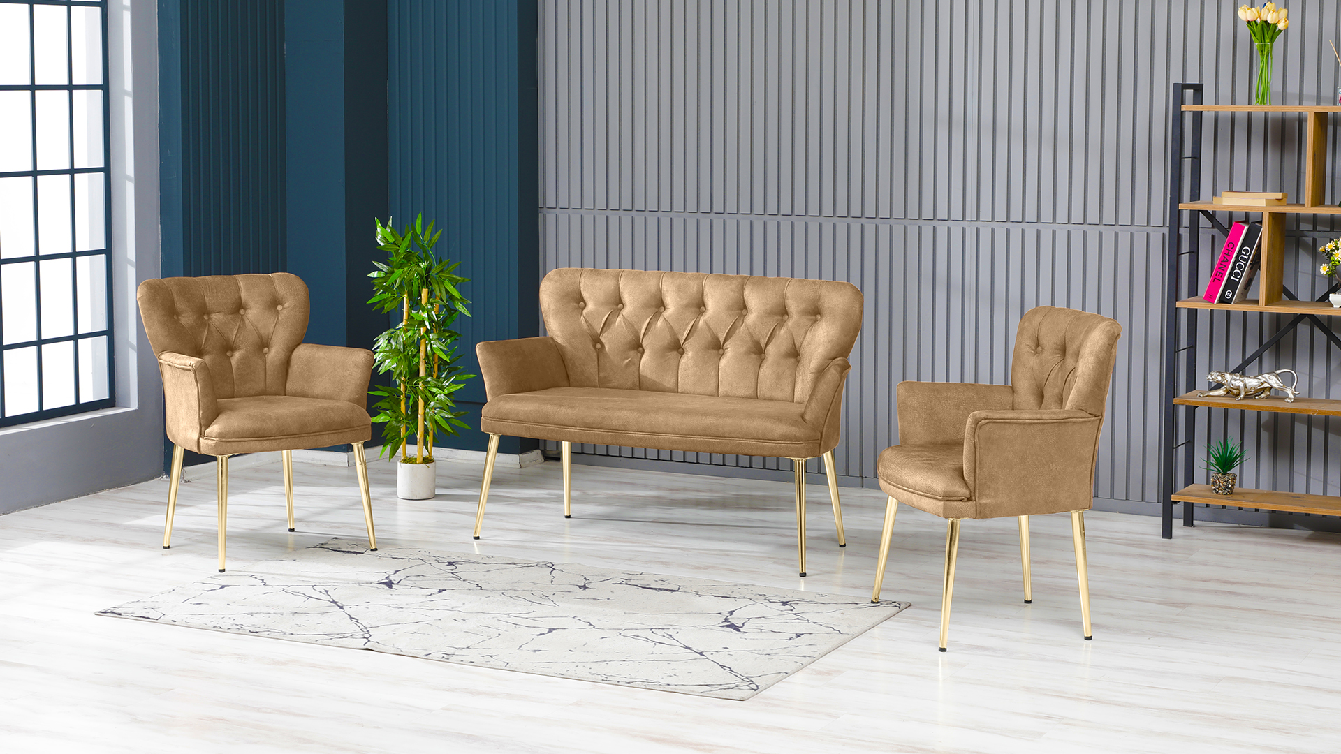 Paris Kollu Takım Nubuk Kumaş Ahşap Siyah Ayak Sütlü Kahve