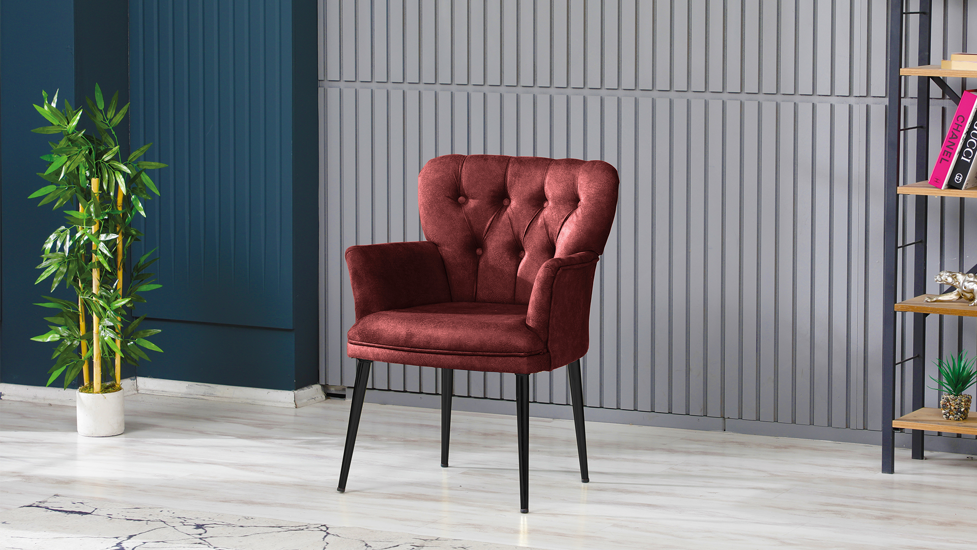 Paris Kollu Tekli Berjer Nubuk Kumaş Metal Siyah Ayak Bordo