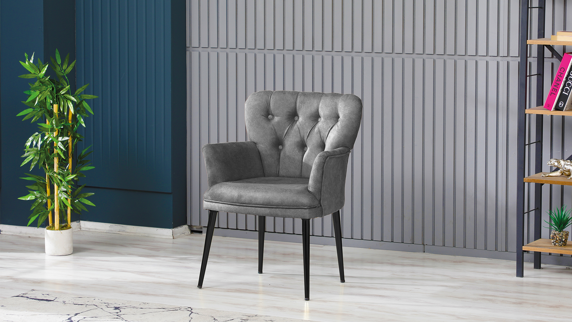 Paris Kollu Takım Nubuk Kumaş Metal Siyah Ayak Gri