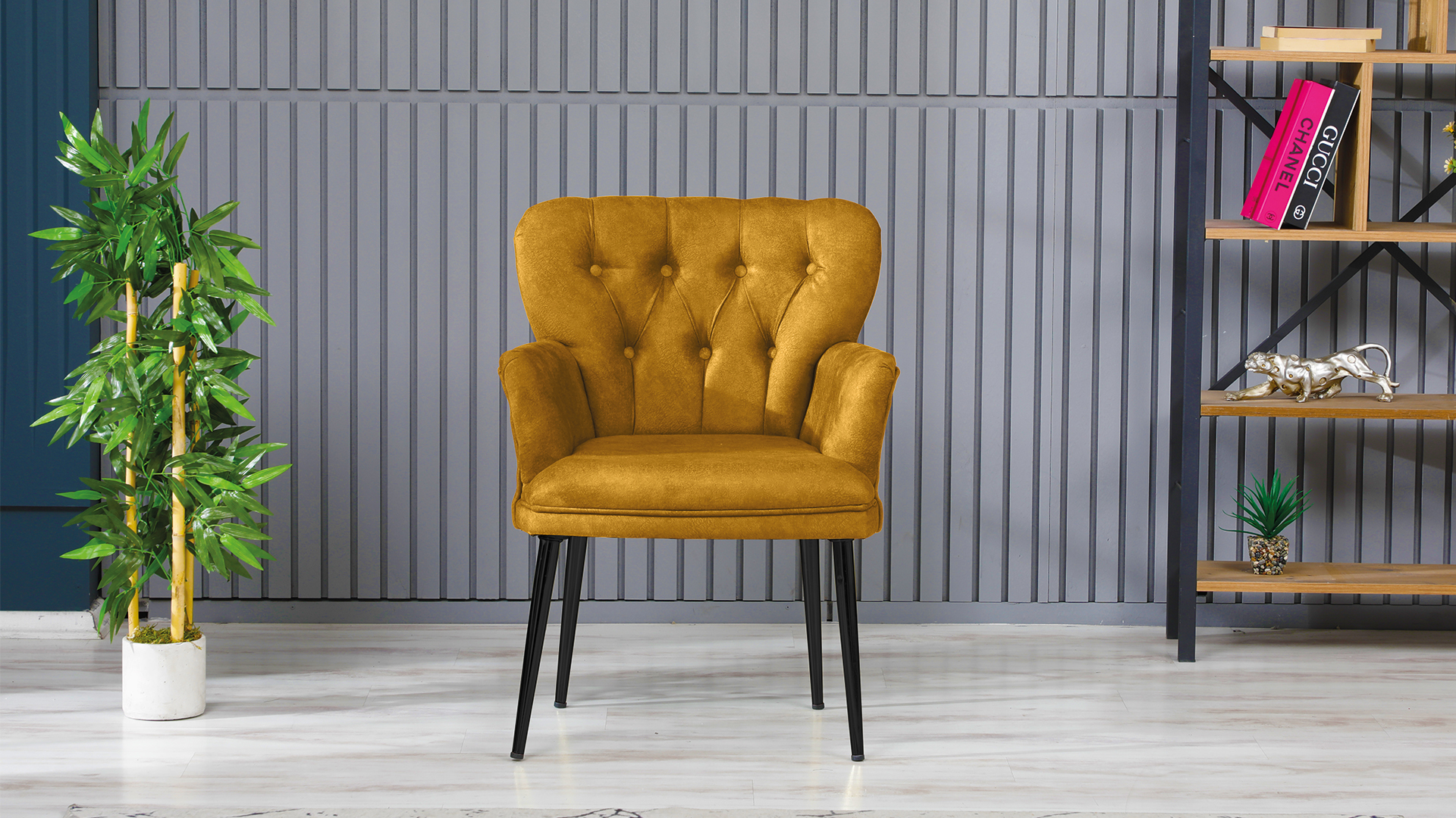 Paris Kollu Takım Nubuk Kumaş Metal Siyah Ayak Sarı