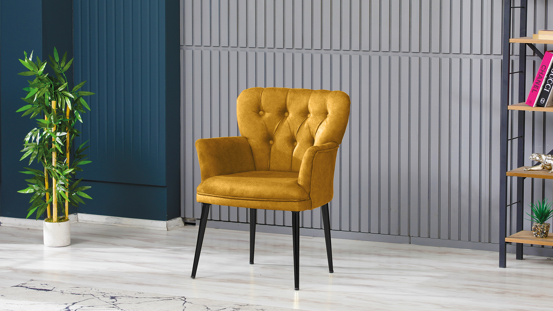 Paris Kollu Takım Nubuk Kumaş Metal Siyah Ayak Sarı