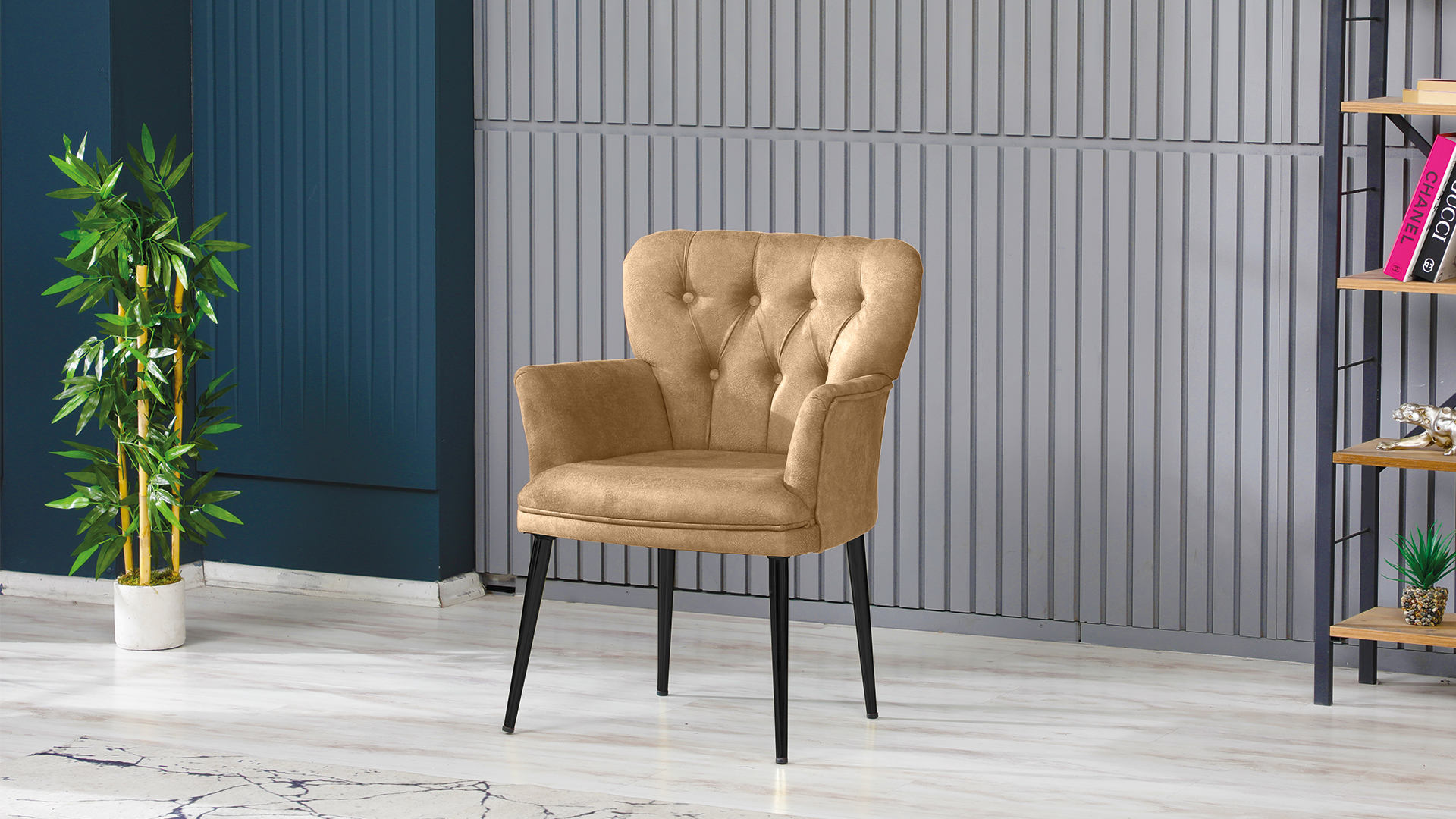 Paris Kollu Takım Nubuk Kumaş Ahşap Metal Siyah Sütlü Kahve