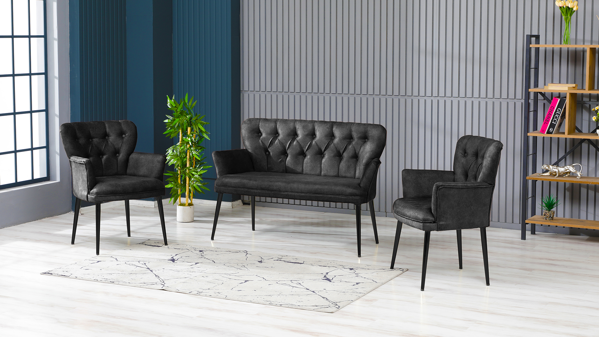 Paris Kollu Takım Nubuk Kumaş Metal Siyah Ayak Füme