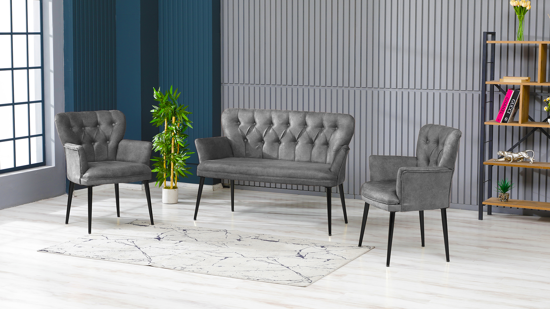 Paris Kollu Takım Nubuk Kumaş Metal Siyah Ayak Gri