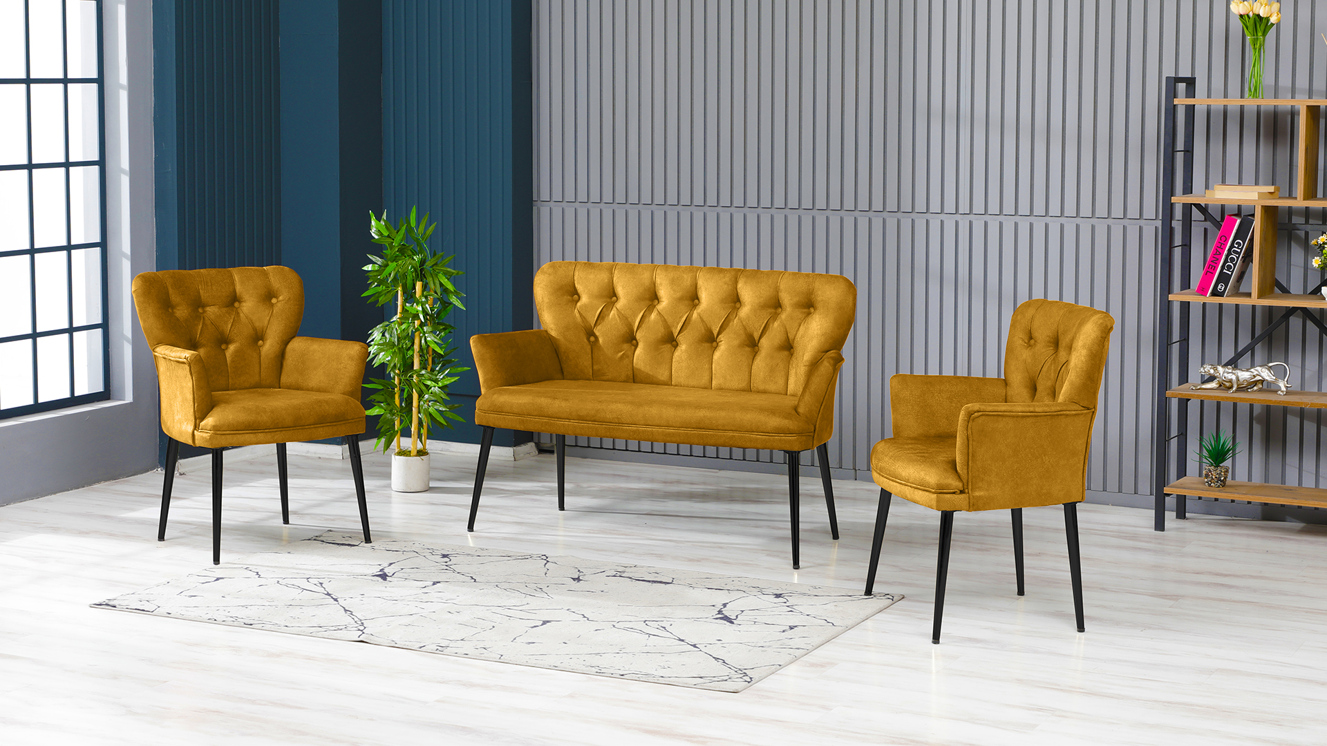 Paris Kollu Takım Nubuk Kumaş Metal Siyah Ayak Sarı