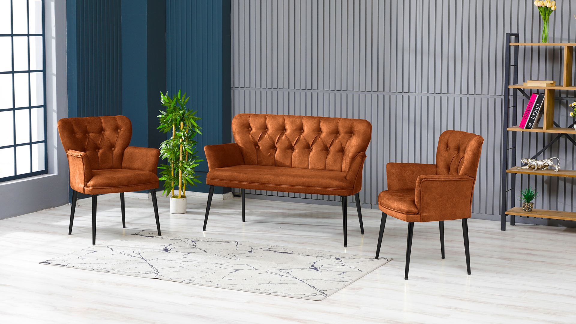 Paris Kollu Takım Nubuk Kumaş Metal Siyah Ayak Kiremit