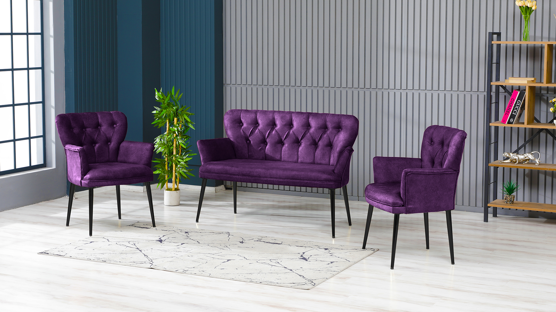 Paris Kollu Takım Nubuk Kumaş Metal Siyah Ayak Mürdüm