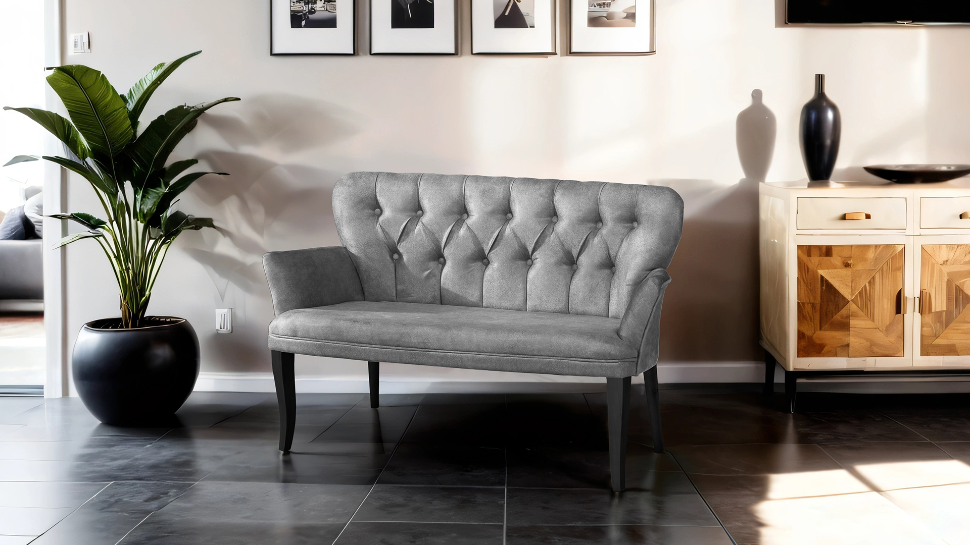 Paris Kollu Takım Nubuk Kumaş Ahşap Siyah Ayak Gri