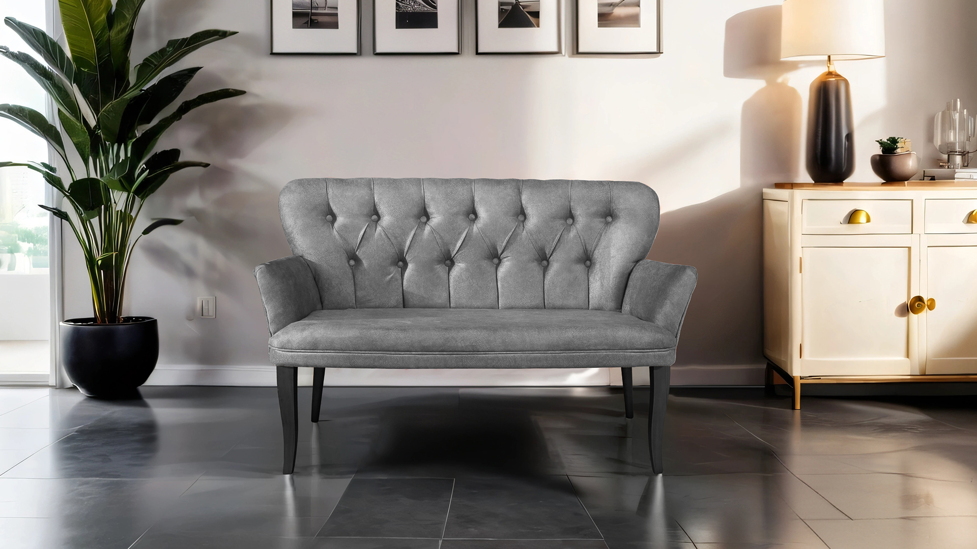 Paris Kollu Takım Nubuk Kumaş Ahşap Siyah Ayak Gri