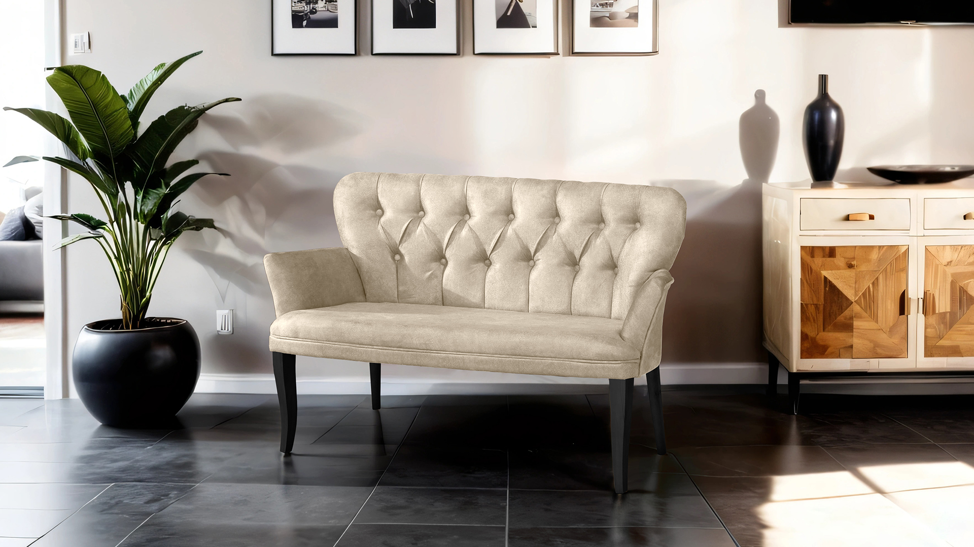 Paris Kollu Takım Nubuk Kumaş Ahşap Siyah Ayak Krem