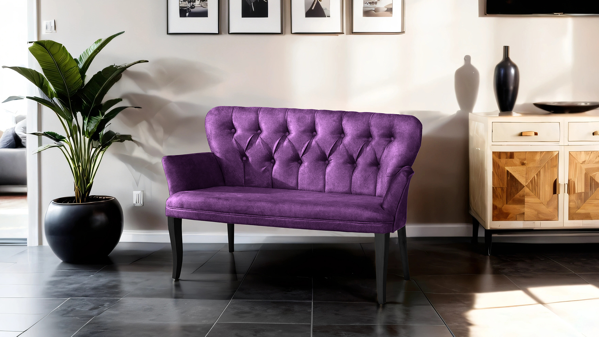 Paris Kollu Takım Nubuk Kumaş Ahşap Siyah Ayak Mürdüm