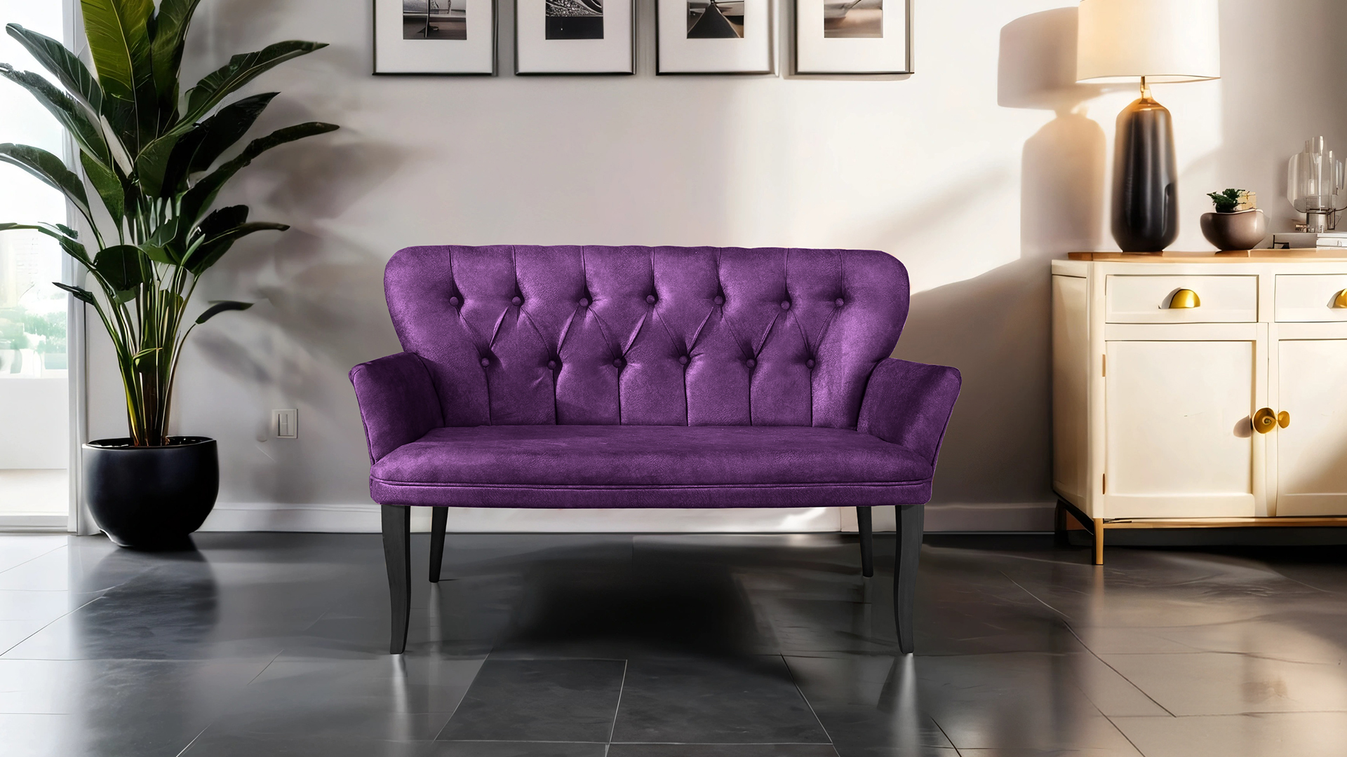 Paris Kollu Takım Nubuk Kumaş Ahşap Siyah Ayak Mürdüm