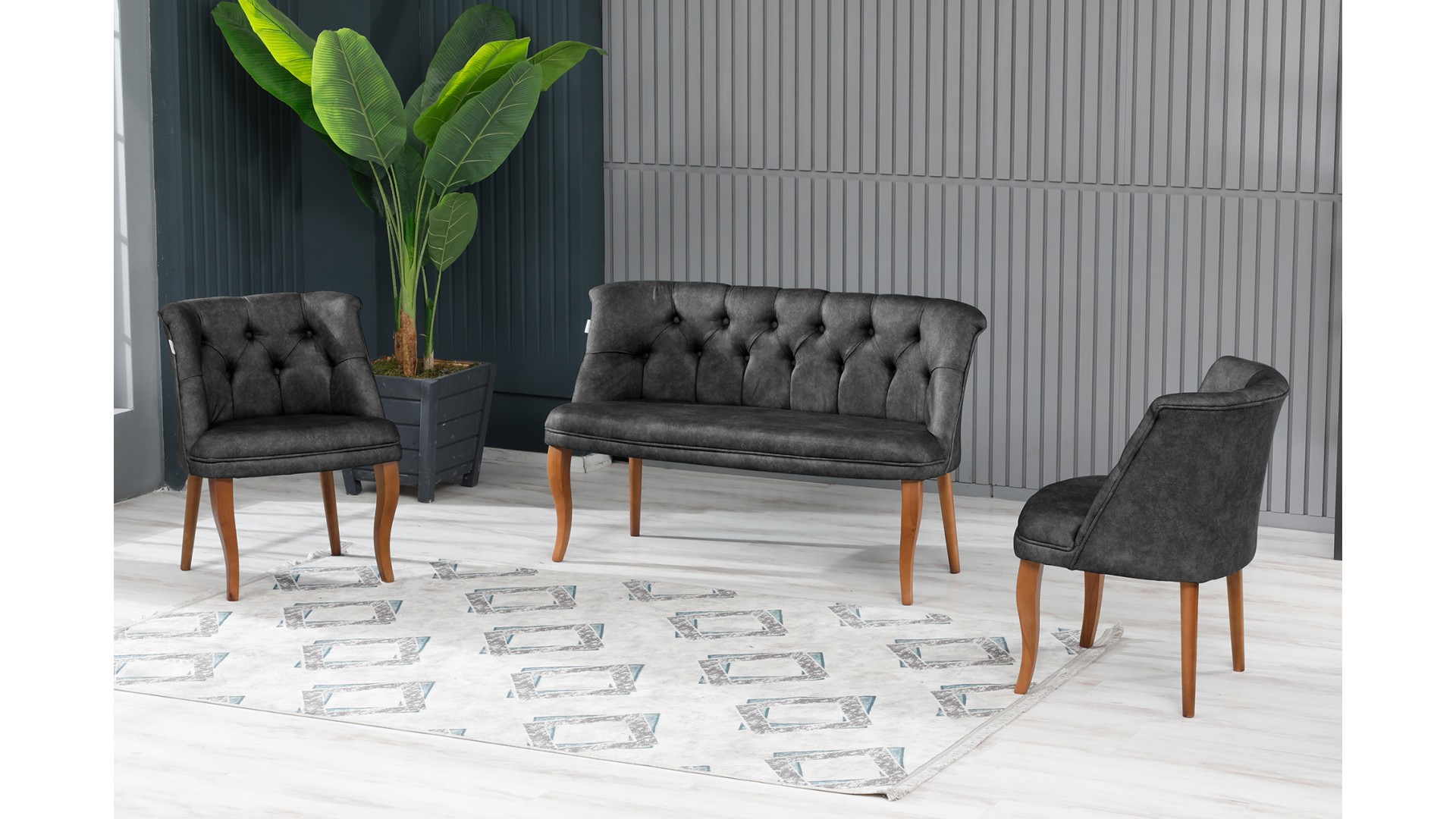 Roma Kolsuz Çay Seti Koltuk Takımı Nubuk Kumaş Kahve Ahşap Ayak Füme