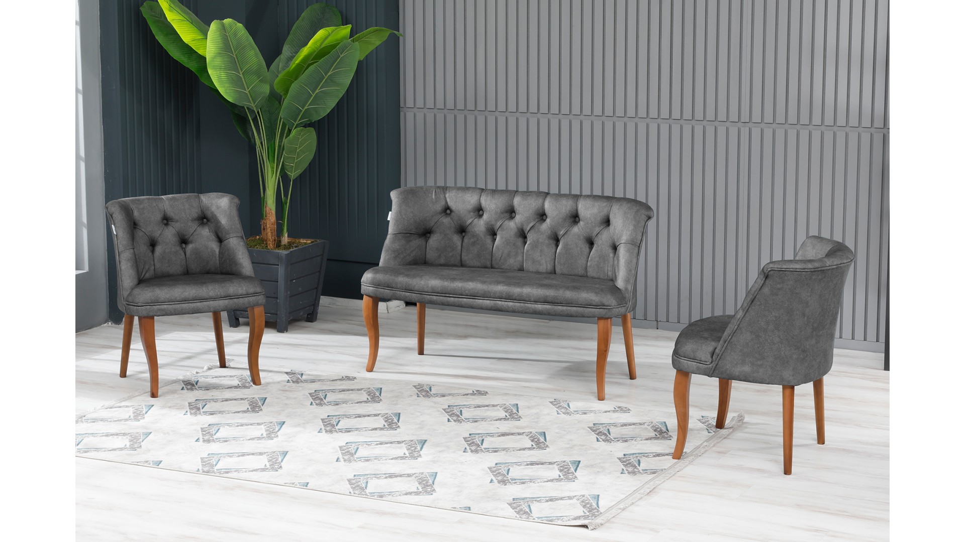 Roma Kolsuz Çay Seti Koltuk Takımı Nubuk Kumaş Kahve Ahşap Ayak Gri