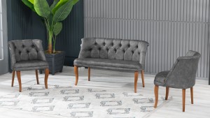 Roma Kolsuz Çay Seti Koltuk Takımı Nubuk Kumaş Kahve Ahşap Ayak Gri