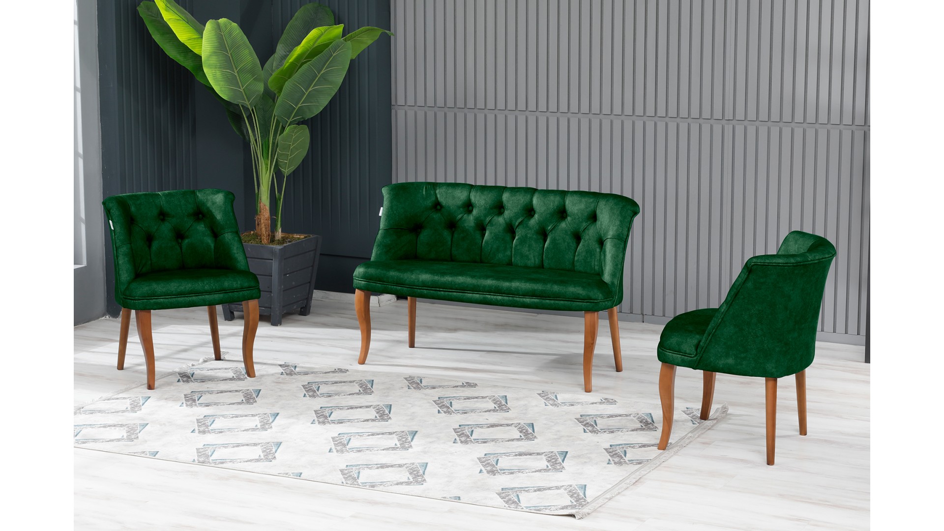 Roma Kolsuz Çay Seti Koltuk Takımı Nubuk Kumaş Kahve Ahşap Ayak Yeşil