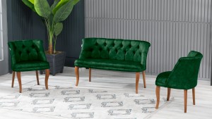 Roma Kolsuz Çay Seti Koltuk Takımı Nubuk Kumaş Kahve Ahşap Ayak Yeşil